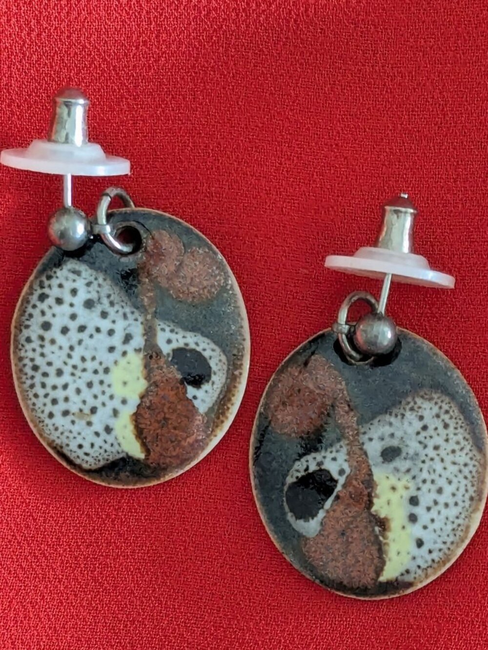 Handmade Artisan Ceramic Style Oval Drop Earrings Abstract Earth Tone Craft Show